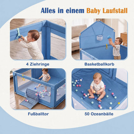 Foldable Baby Playpen with Non-Slip Feet, Blue, 223x150 cm