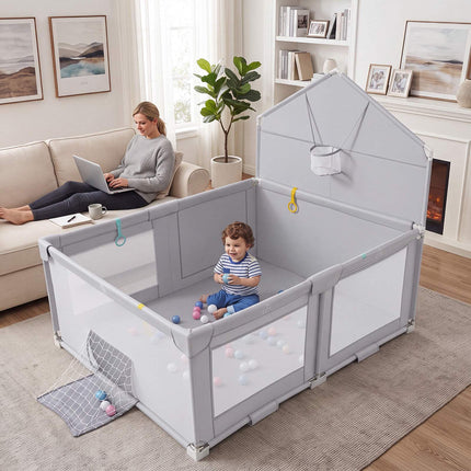 Foldable Baby Playpen with Non-Slip Feet, Grey, 223x150 cm