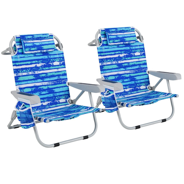 Opvouwbare strandstoelen in rugzakmodel, set van 2, met bekerhouder, marineblauw