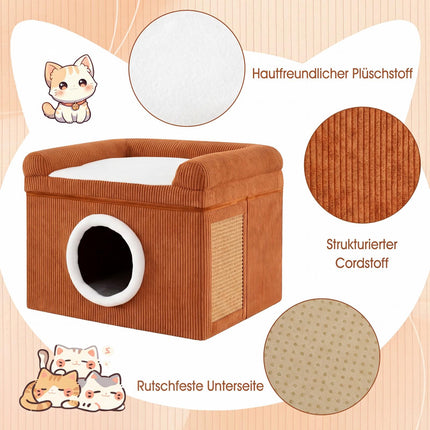 Zusammenklappbares Katzenhaus mit Sisal-Kratzmatte & Kissen, Braun
