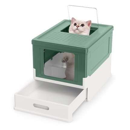 Foldable Cat Litter Box with Lid & Pull-Out Tray, Green