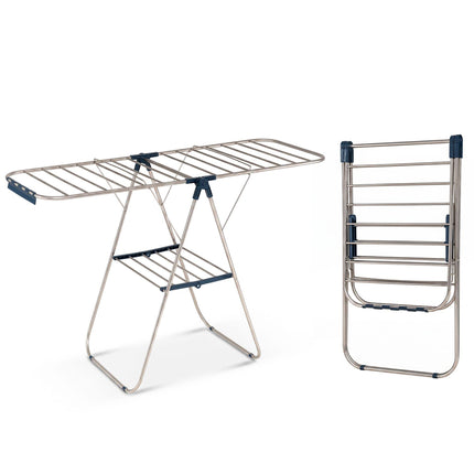 Foldable Clothes Drying Rack with Sock Clips and Wings, Stainless Steel, Blue