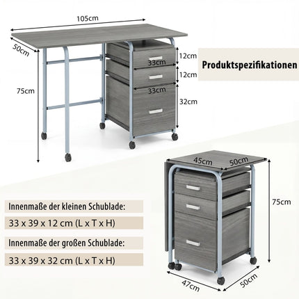 Skládací počítačový stůl se 3 zásuvkami a kolečky, šedá