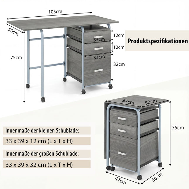 Skládací počítačový stůl se 3 zásuvkami a kolečky, šedá