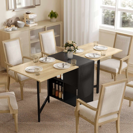 Foldable Dining Table with Shelves, Dark Wood & Black