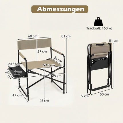 Skládací režisérská židle s odkládacím stolkem, 150 kg