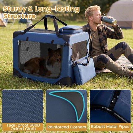 Foldable Dog Crate with 3 Doors and Carrying Handles, 72 x 52.5 x 52.5 cm, Blue