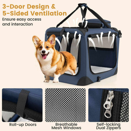 Foldable Dog Crate with 3 Doors and Removable Padding, 61 x 43 x 43 cm, Blue