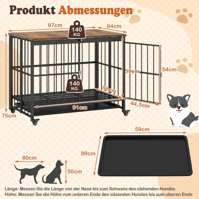 Foldable Dog Crate with Tray, Wheels & Locking Door