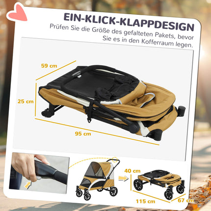 Skládací kočárek pro velké psy, 4 kolečka, bezpečnostní vodítko, hnědá