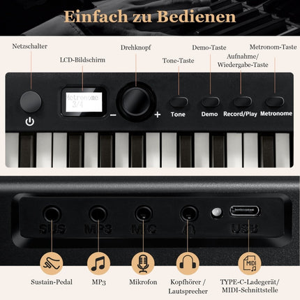 Skládací keyboard s 88 podsvícenými klávesami, digitální piano, černá