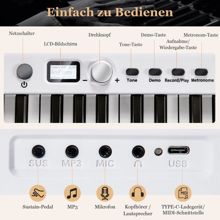 Skládací keyboard s 88 podsvícenými klávesami, digitální piano, bílá
