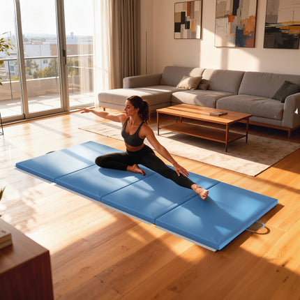 Skládací fitness žíněnka s úchyty, 240x120x5 cm, světle modrá