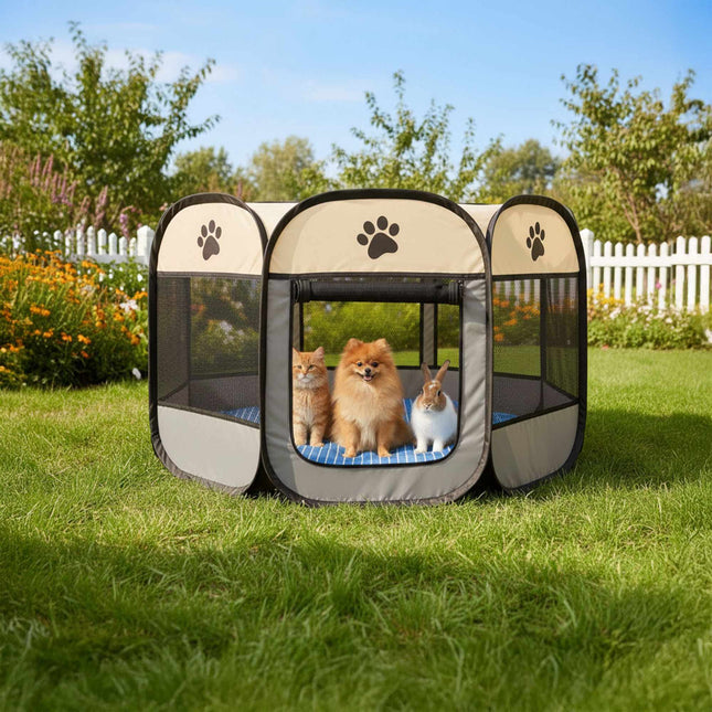 Opvouwbare speelbox voor huisdieren, geschikt voor binnen en buiten, weerbestendig.