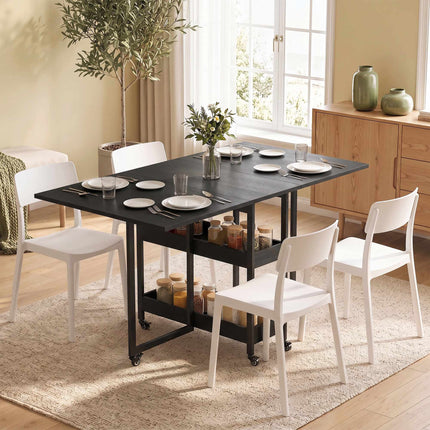 Foldable Industrial Dining Table, Black, Seats 4, Open Shelves