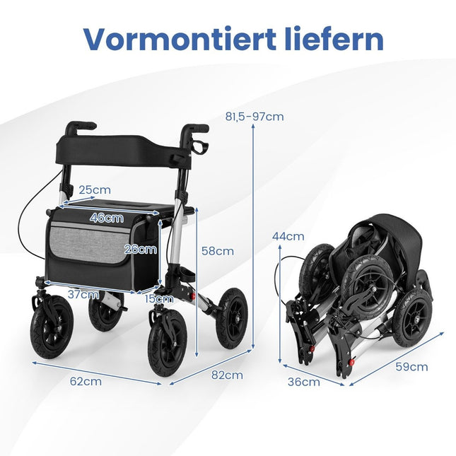 Foldable Lightweight Rollator with Air Tires, Aluminum, 140kg Capacity