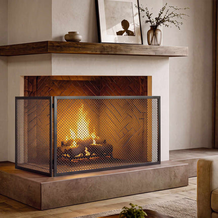 Foldable Metal Fireplace Screen, 141x50cm, Black