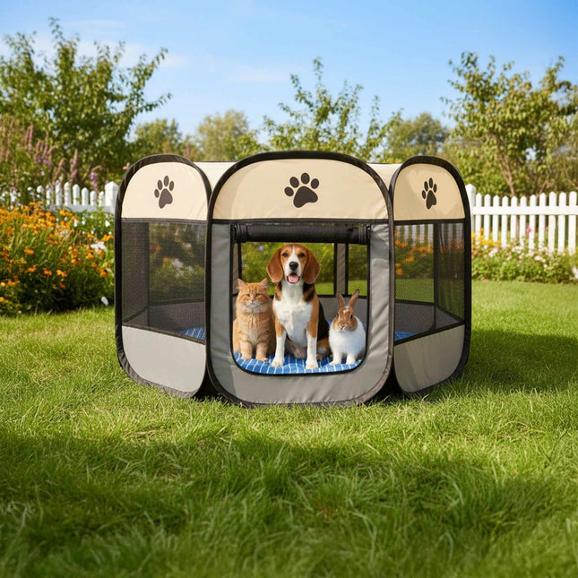 Foldable Pet Playpen, Indoor/Outdoor, Mesh Windows
