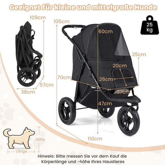 Skládací tříkolový kočárek pro mazlíčky, nosnost 25kg, černá