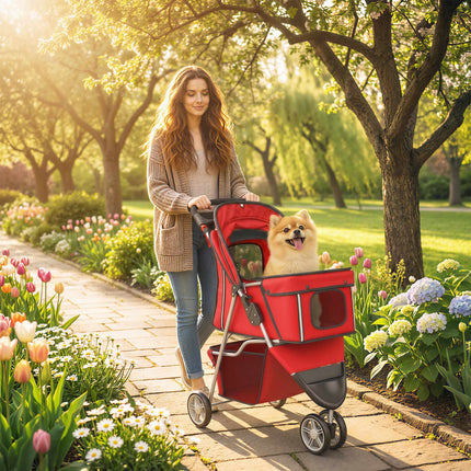 Foldable Pet Stroller with Storage, Red, for Small Dogs