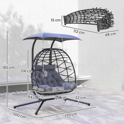 Foldable Rattan Hanging Chair with Canopy, Dark Grey, 260kg Capacity