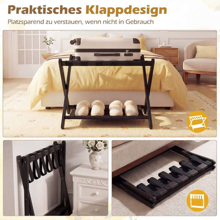 Foldable Rubberwood Luggage Rack, Black, 2 Shelves