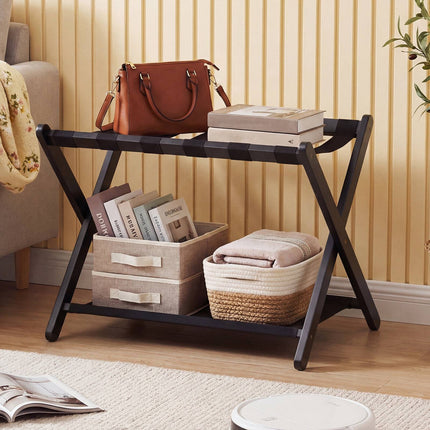 Foldable Rubberwood Luggage Rack, Black, 2 Shelves