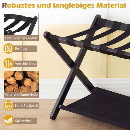 Foldable Rubberwood Luggage Rack, Black, 2 Shelves