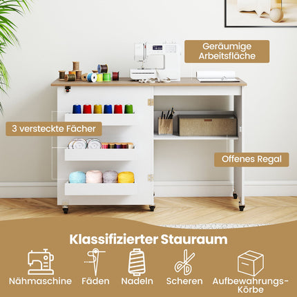 Skládací šicí stůl s úložným prostorem, aretovatelná kolečka, bílá