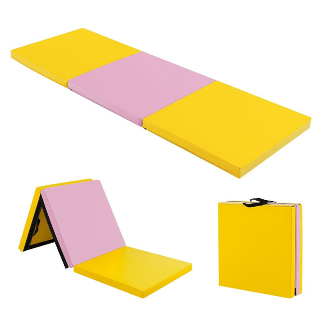 Opvouwbare zachte vloermat met 2 handgrepen antislip gymnastiekmat 180 x 60 x 5 cm roze + geel