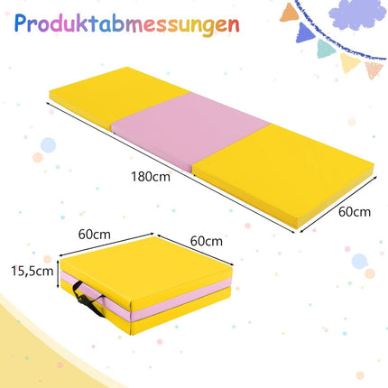 Skládací měkká podložka na zem se 2 držadly, protiskluzová gymnastická žíněnka 180 x 60 x 5 cm růžová + žlutá