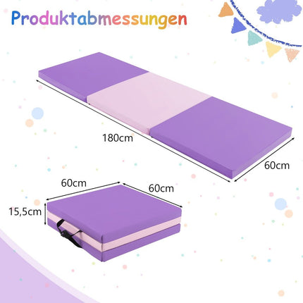Skládací měkká podložka na zem se 2 držadly, protiskluzová gymnastická žíněnka 180 x 60 x 5 cm fialová + růžová