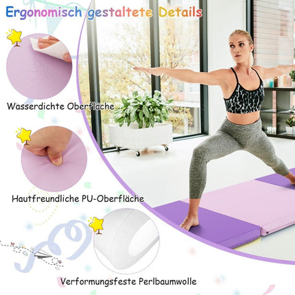 Skládací měkká podložka na zem se 2 držadly, protiskluzová gymnastická žíněnka 180 x 60 x 5 cm fialová + růžová