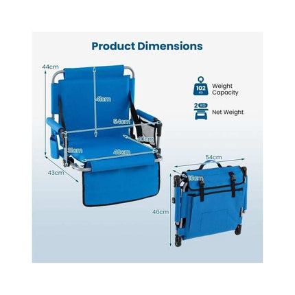 Foldable Stadium Seat with Padded Backrest and Armrests, Blue, Hooks