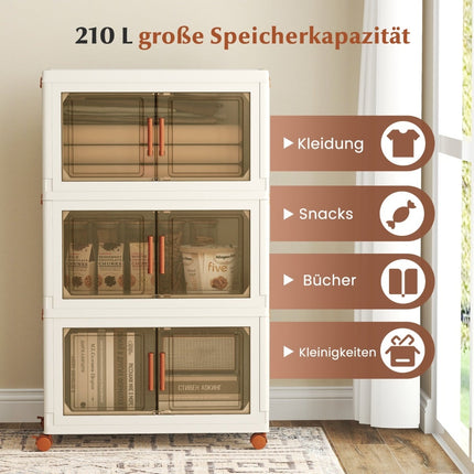 Skládací úložný box s víkem, kolečka, průhledná dvířka, 210L