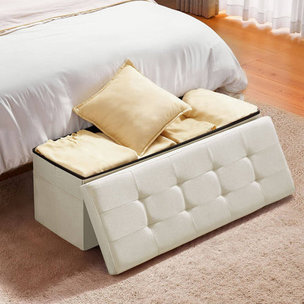Foldable Storage Ottoman Bench, Linen, Side Pockets, 660 lb