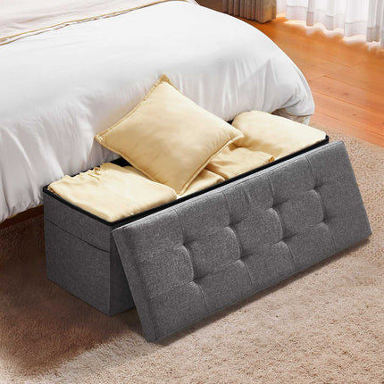 Foldable Storage Ottoman Bench, Linen, Side Pockets, Gray