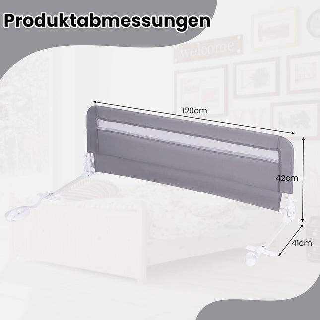 Skládací zábrana na postel pro batolata, 120 cm, šedá, pratelný potah