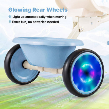 Foldable Toddler Tricycle with Light-Up Wheels for Ages 2-5, Blue, Rear Basket