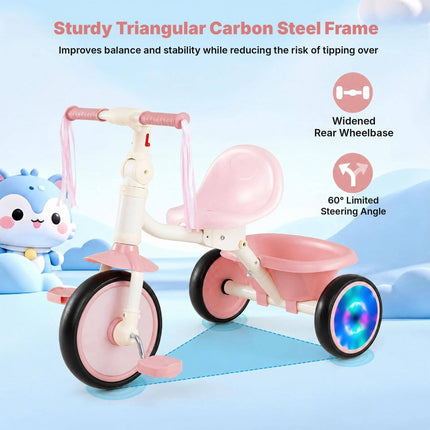 Foldable Toddler Tricycle with Light-Up Wheels for Ages 2-5, Pink, Rear Basket