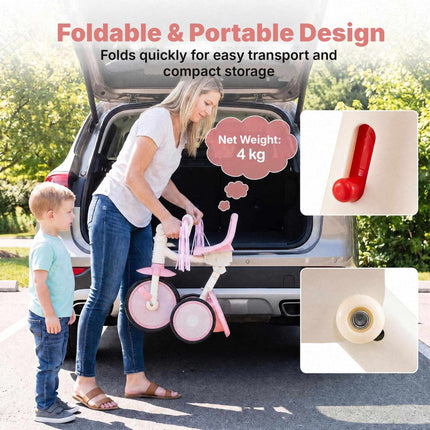 Foldable Toddler Tricycle with Light-Up Wheels for Ages 2-5, Pink, Rear Basket