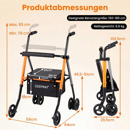 Skládací cestovní chodítko, nastavitelná výška, oranžová, nosnost 136 kg