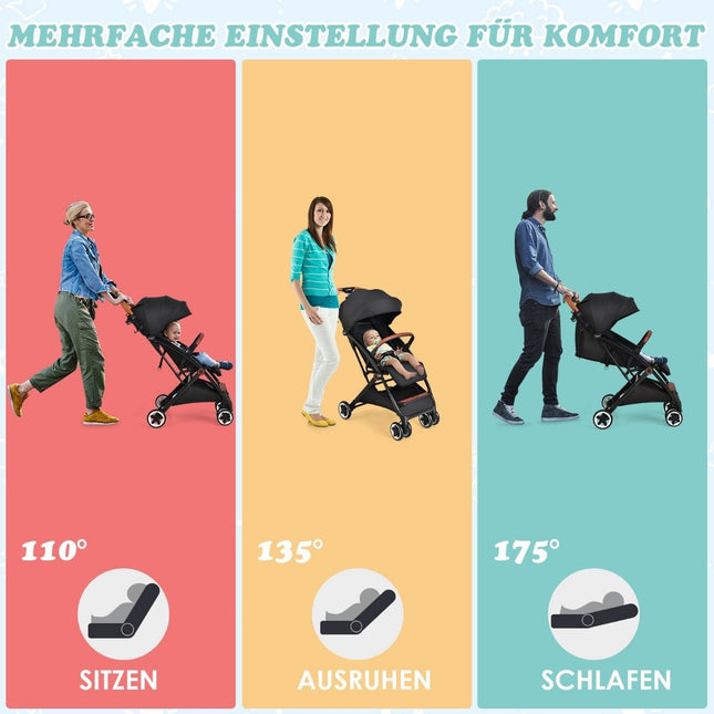Skládací cestovní kočárek s nastavitelným opěradlem a stříškou