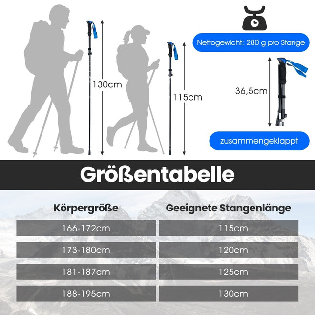 Opvouwbare wandelstokken met snelsluiting, 115-130 cm, blauw