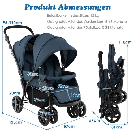 Skládací kočárek pro dvojčata, nastavitelné opěradlo, nosnost 30kg