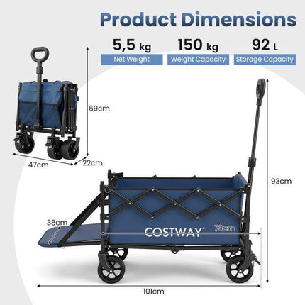 Foldable Wagon, 92L Capacity, Adjustable Handle, Blue