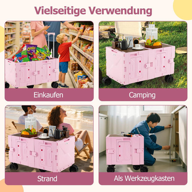 Klappbollerwagen mit Tischplatte, verstellbarem Griff, Rosa