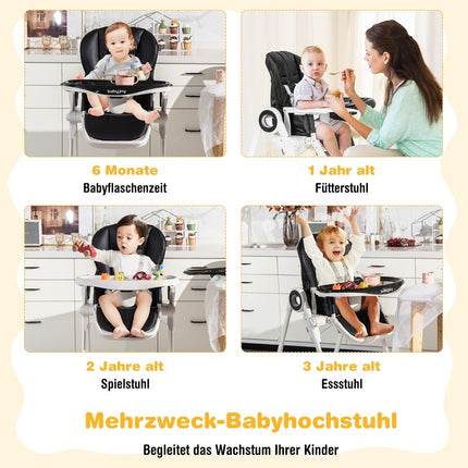 Skládací dětská jídelní židlička se 6 nastavitelnými výškami a snímatelnými dvojitými pulty, černá