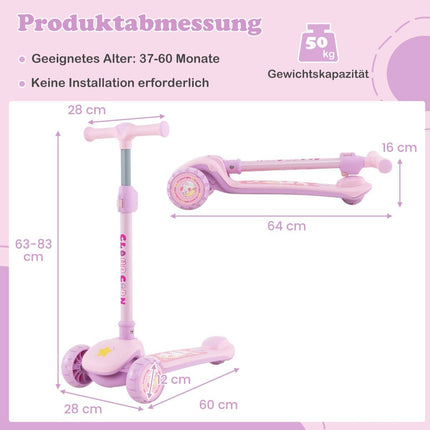 Skládací dětská koloběžka s PU LED koly a zadní brzdou, výškově nastavitelná, růžová