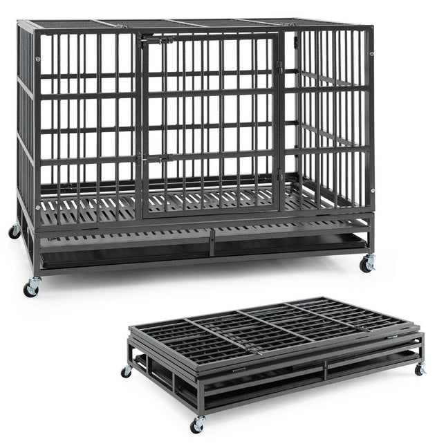 Skládací klec pro psy se 2 dvířky, kolečky a výsuvnou vaničkou, přepravní klec, přepravní box 120 x 76 x 90 cm